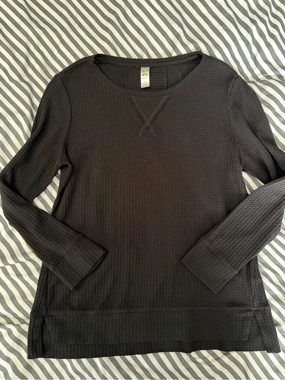GreenTea Black Waffle Knit Long Sleeve Top